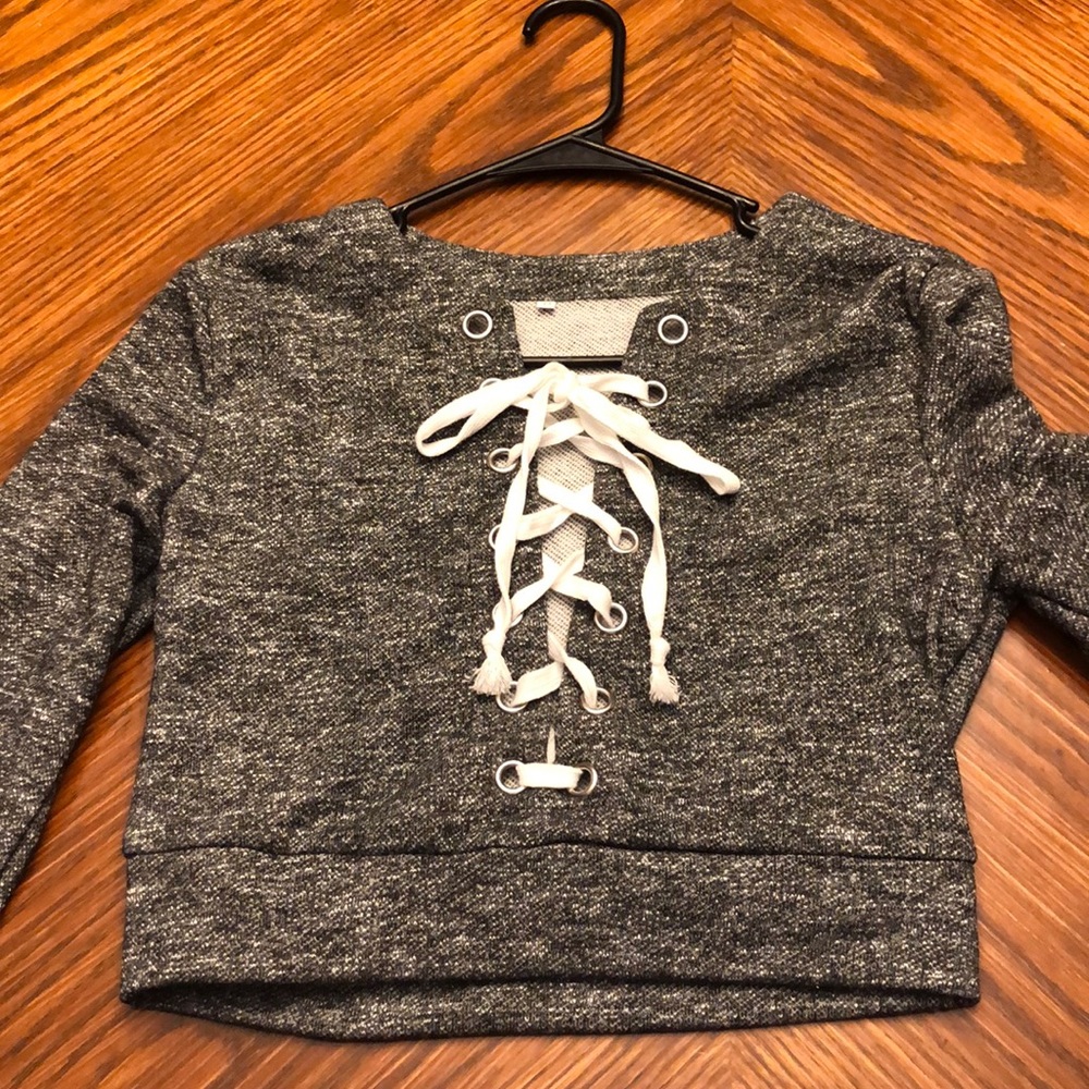 Long Sleeve Grey and White Lace Up Crop Sweatshirt